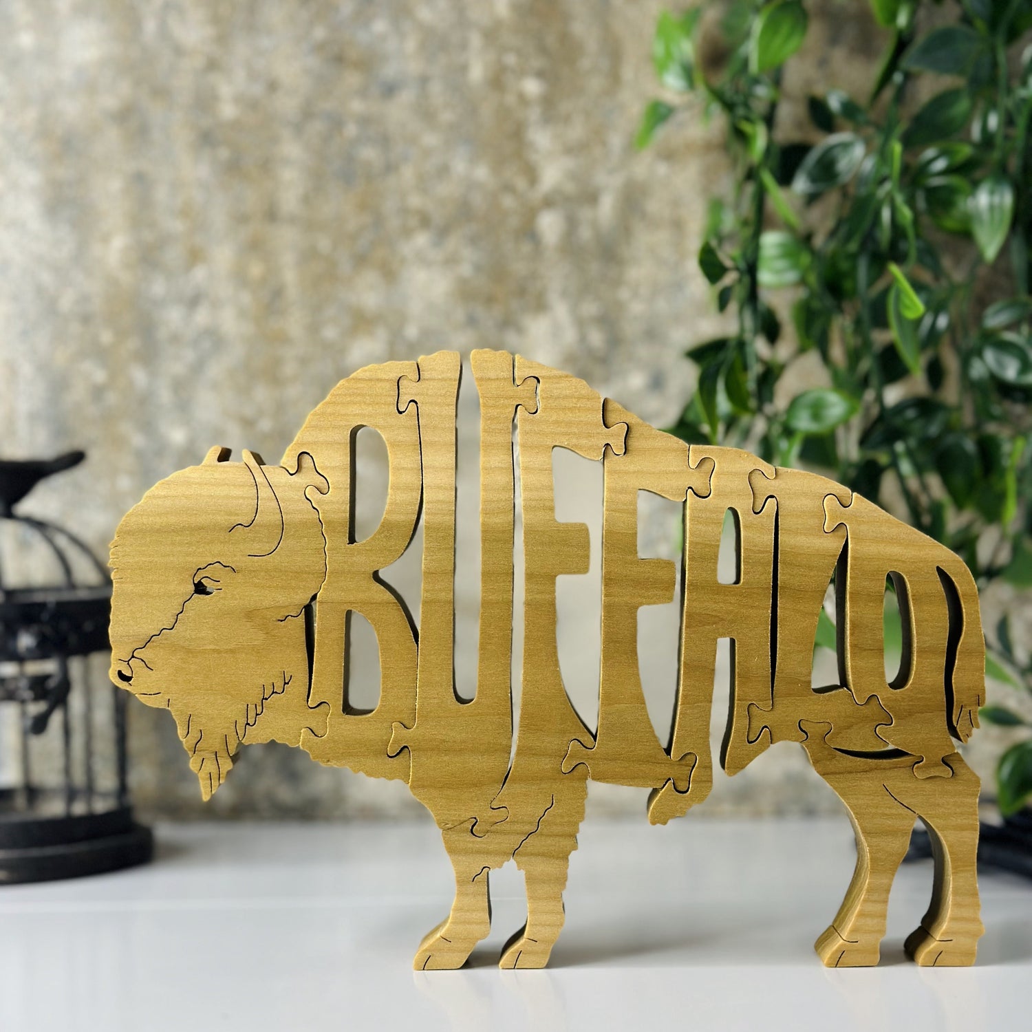 Hand Crafted Wooden Puzzle Buffalo, Front View 