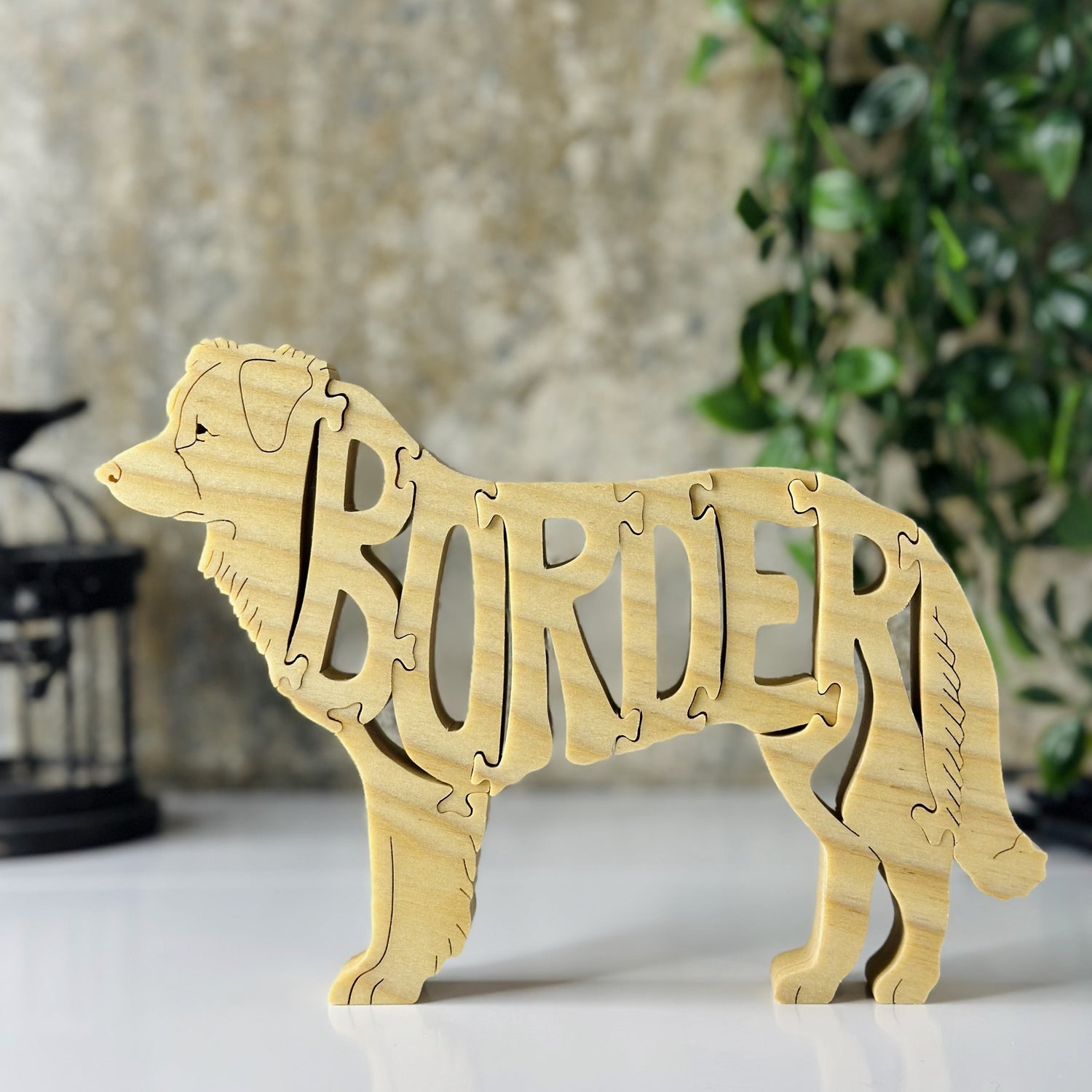 Hand Crafted Wooden Puzzle Border Collie, Front View