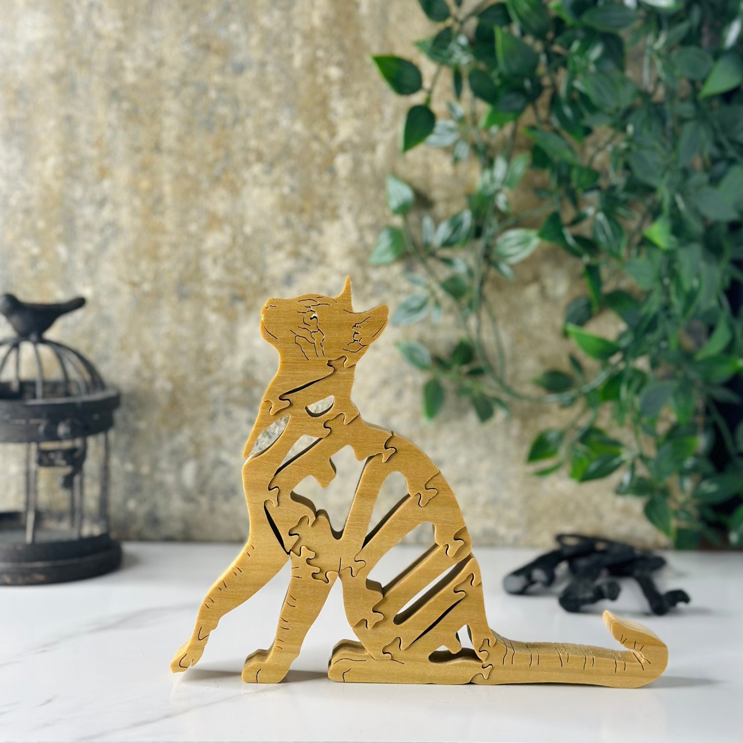 Hand Crafted Wooden Puzzle Rescue Cat, Front View