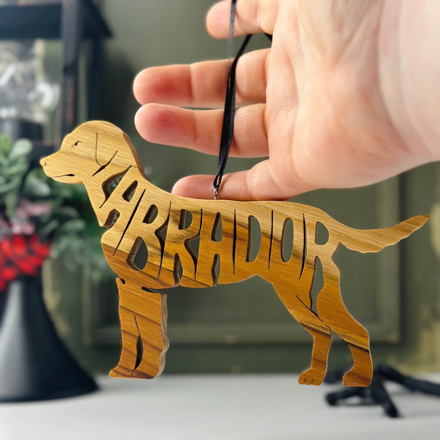 Hand Crafted Wooden Dog Ornament, Front View